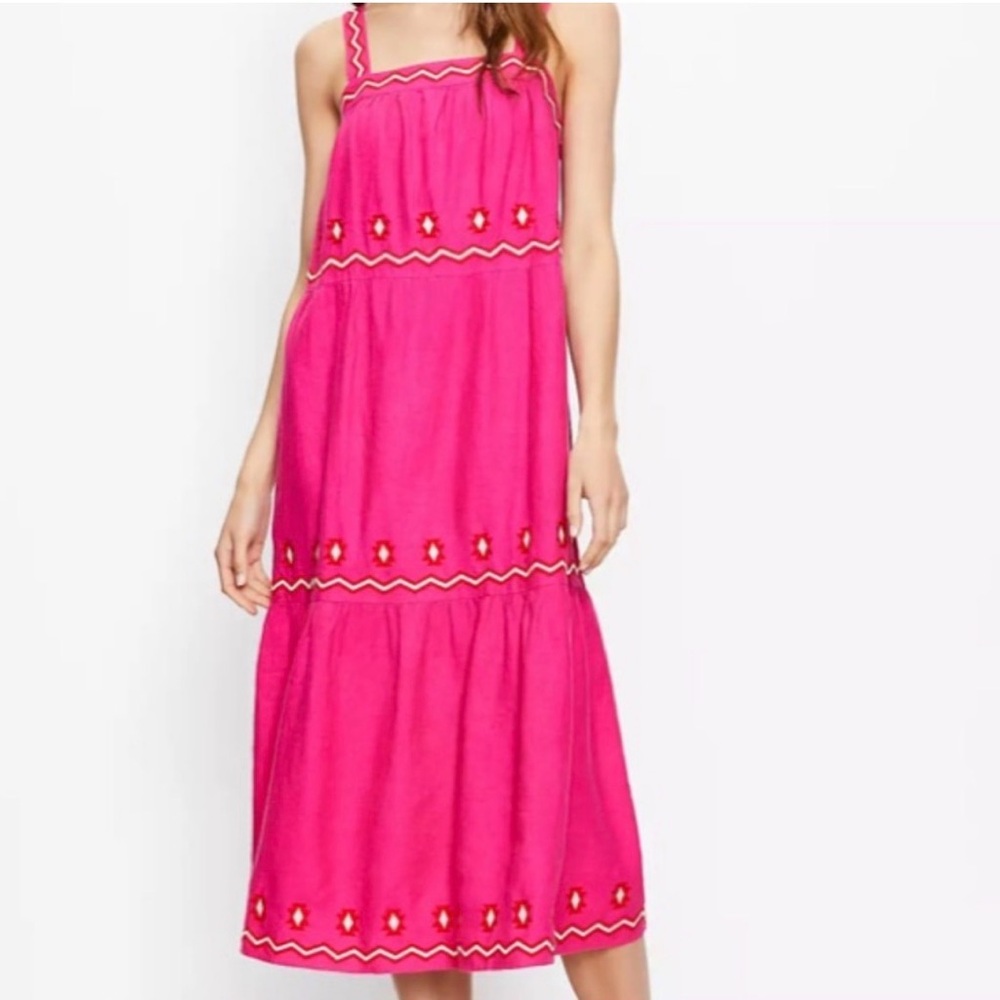 LOFT Petites Midi Dress in Hot Pink with Embroidered Accents